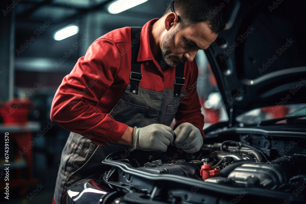 A mechanic in a workshop diagnoses and repairs the engine and car systems. Car repair and diagnostics in the garage. Modern car service. Brutal worker mechanic. A mechanic in a workshop diagnoses and repairs the engine and car systems. Car repair and diagnostics in the garage. Modern car service. Brutal worker mechanic.