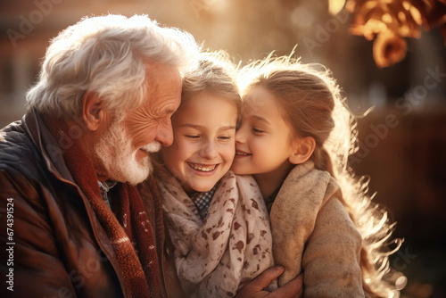 Meeting of grandfather and grandchildren. An elderly man and his grandchildren are happy together. They hug and rejoice at meeting each other. Caring for the elderly. Children visit old people.