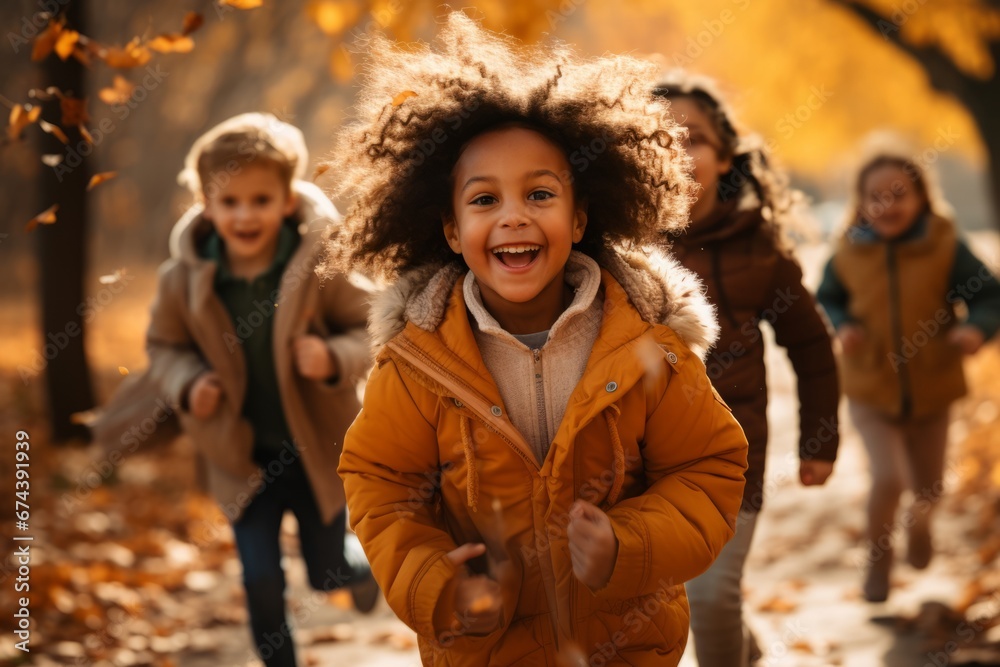 Happy multiethnic children group running along autumn park. Smiling boys and girls of different skin colors play and have fun together. Diversity and free communication concept. Happy multiethnic children group running along autumn park. Smiling boys and girls of different skin colors play and have fun together. Diversity and free communication concept.