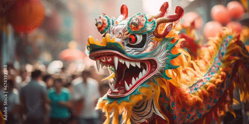 chinese new year, street festival, red dragon, life-size puppet, traditions, mythical animal, theater, performance, China, show, carnival, legend, symbol, Christmas, city, scary, eyes, face, teeth