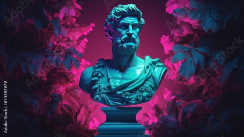 Antique greek bust on a neon background. Fashion wallpaper. photo