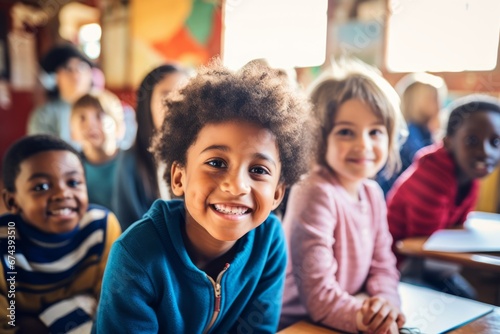 Happy diverse schoolchildren looking at camera. Smiling multiethnic kids posing for group portrait in a classroom of elementary school. Boys and girls of different skin colors go to school together.