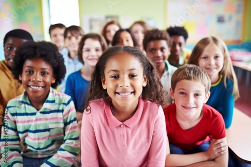 Happy diverse schoolchildren looking at camera. Smiling multiethnic kids posing for group portrait in a classroom of elementary school. Boys and girls of different skin colors go to school together. photo