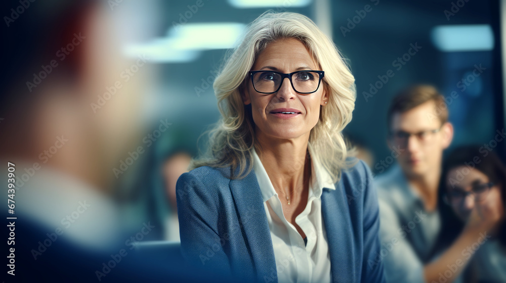 Smiling businesswoman in eyeglasses looking at camera in office. Generative Ai. Smiling businesswoman in eyeglasses looking at camera in office. Generative Ai.