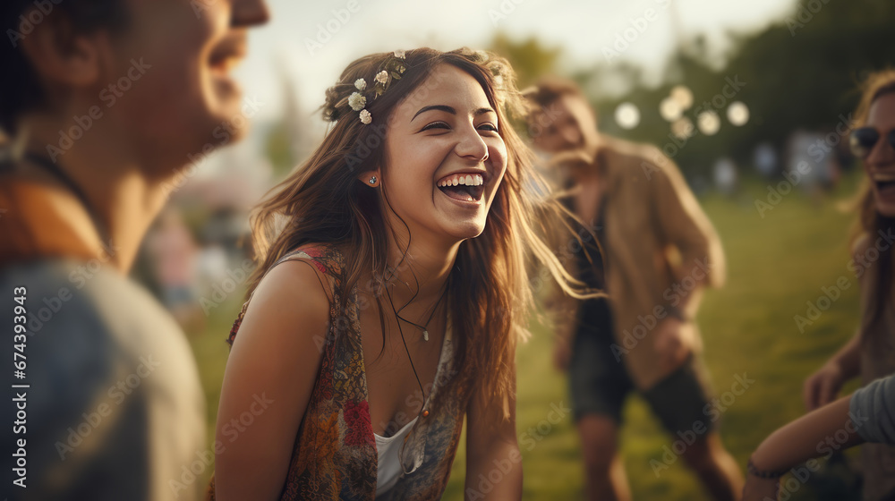 Group of friends having fun at a music festival. Group of young people having fun outdoors. Generative Ai. Group of friends having fun at a music festival. Group of young people having fun outdoors. Generative Ai.