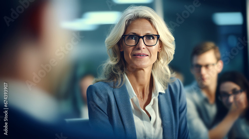 Smiling businesswoman in eyeglasses looking at camera in office. Generative Ai. 