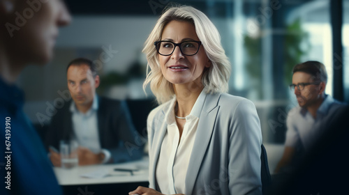 Portrait of smiling businesswoman in eyeglasses looking at camera in office. Generative Ai. 