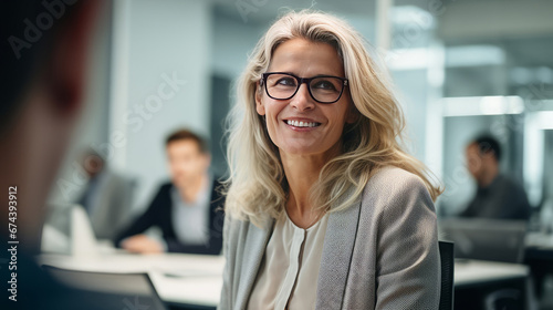 Smiling businesswoman in eyeglasses looking at camera in office. Generative Ai. 