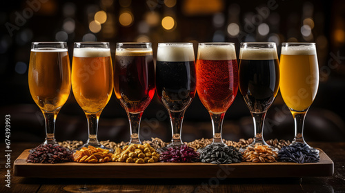 Glasses of different kinds of beer on a wooden board. Dark background. Generative Ai.  photo