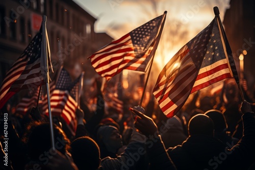 A huge crowd of people marches along a city street with American flags. The Stars and Stripes flutter over people's heads. Independence Day 4th of July concept. The US main holiday. National pride.