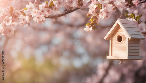 Beautiful wooden bird house hanging on blossoming tree