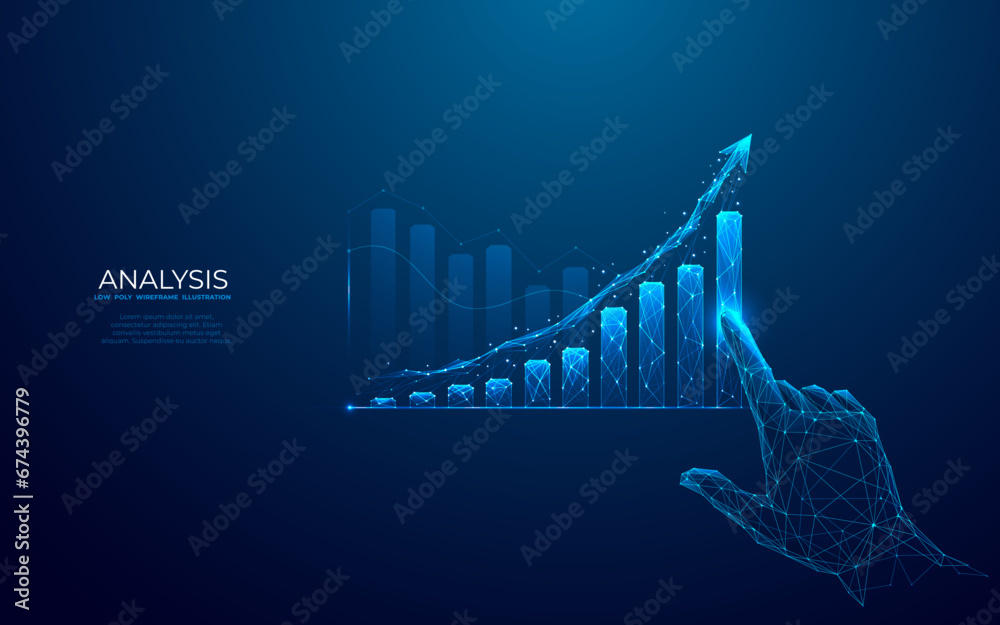 Growth graph chart and up arrow. Abstract finger touching on chart bar. Histogram in technology light blue hologram style. Finance and stock market concepts. Low poly wireframe vector illustration.