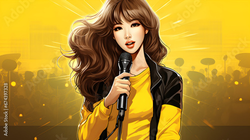 A young Korean woman  dressed in a black and yellow jacket  sings into a microphone