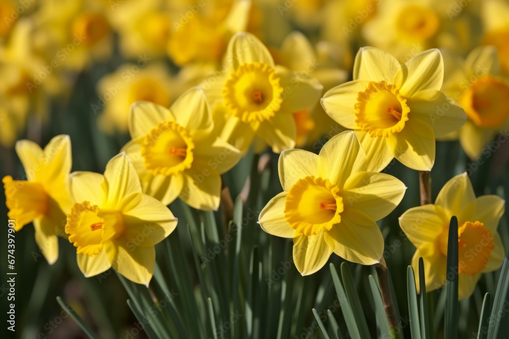 Daffodils spring flower field. Beautiful blossoming yellow springtime flowers. Generate ai