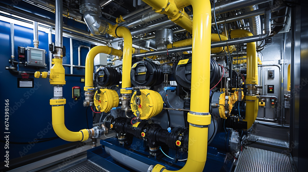 Oil pump, yellow pipes, tubes, machinery at power plant.


