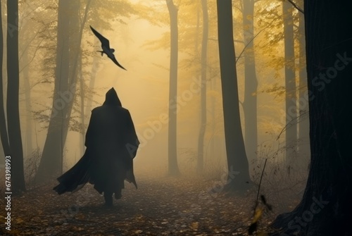 Dark grim angel walks in mystic forest. Malefic character in black coat in the middle of misty forest. Generate ai photo