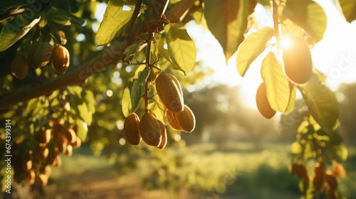 A serene pawpaw garden during golden hour, with the soft sunlight casting a warm glow on the fruit-laden branches.