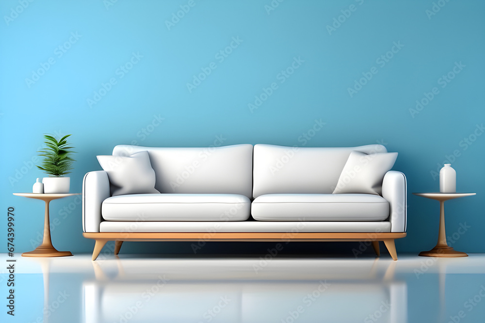 Fototapeta premium White sofa or couch with side tables on a solid blue background, banner size, fresh and calm interior generative AI