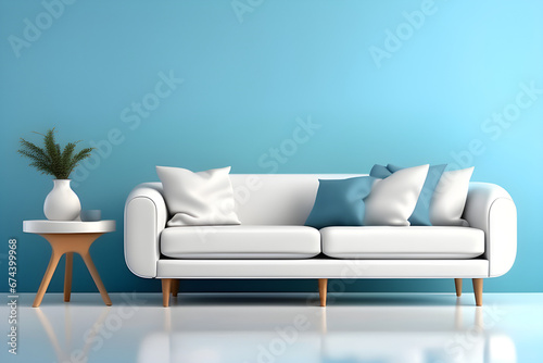 White sofa or couch with side tables on a solid blue background, banner size, fresh and calm interior generative AI