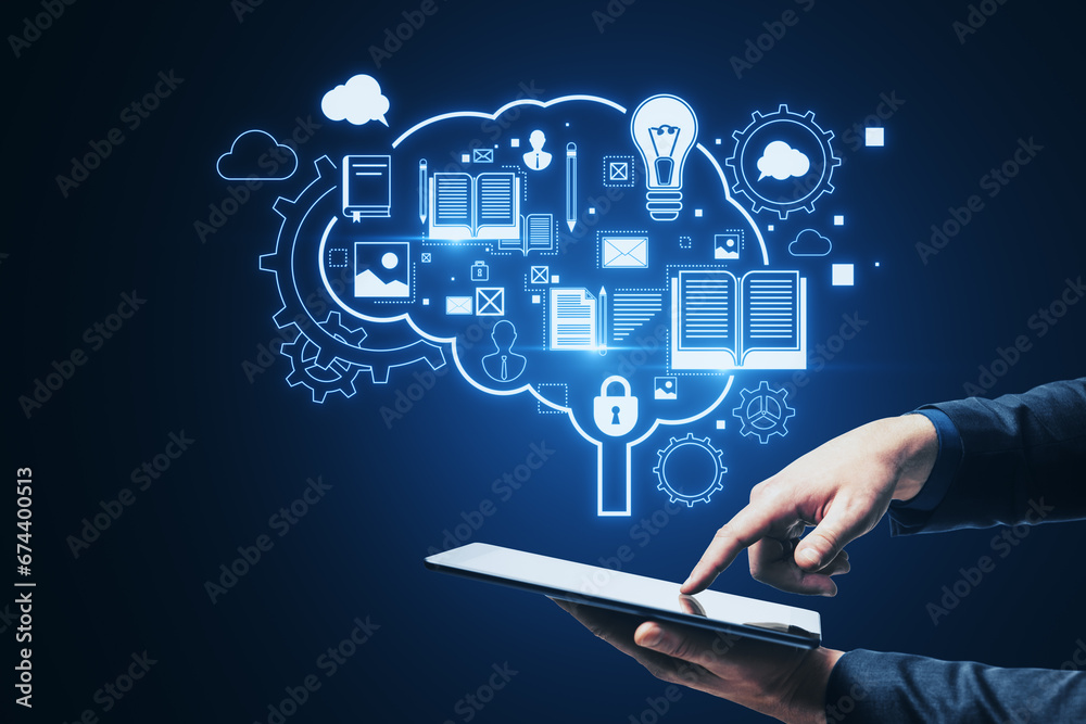 Close up of businessman hand pointing at cellphone with glowing brain outline and books hologram on blue background. Artificial intelligence, chat GPT, bot assistant and machine learning concept. Close up of businessman hand pointing at cellphone with glowing brain outline and books hologram on blue background. Artificial intelligence, chat GPT, bot assistant and machine learning concept.