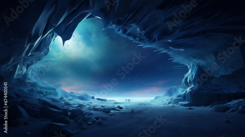 a scenic view in north pole at the night, aurora in the night sky, snow mountain, dramatic light and shadows,