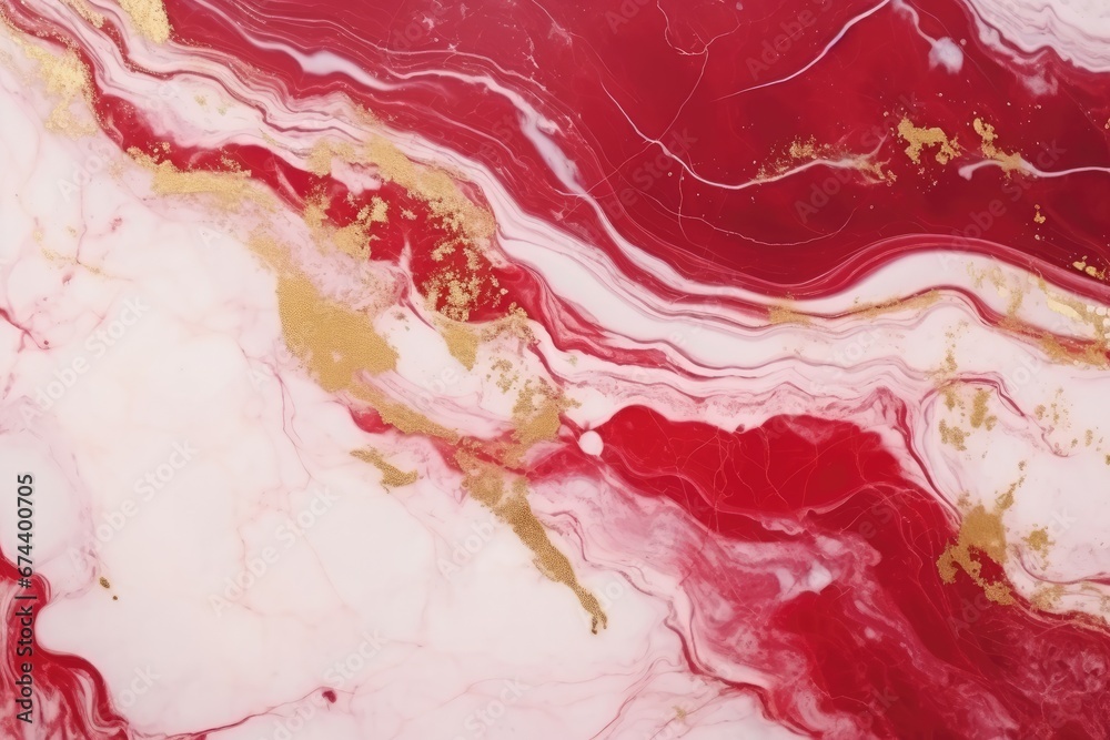 Abstract marbled background. Luxurious elegant red and white marble stone texture, with gold details.