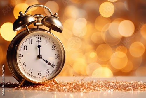 Beautiful gold antique clock on a festive lights background. New year concept