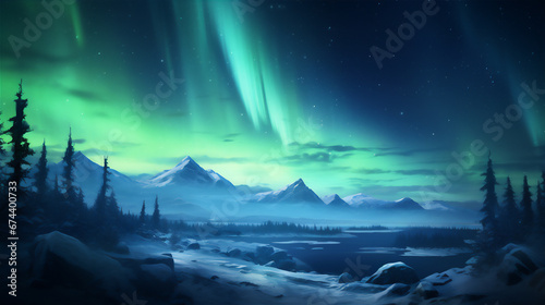 a scenic view in north pole at the night, aurora in the night sky, snow mountain, dramatic light and shadows, © Maizal