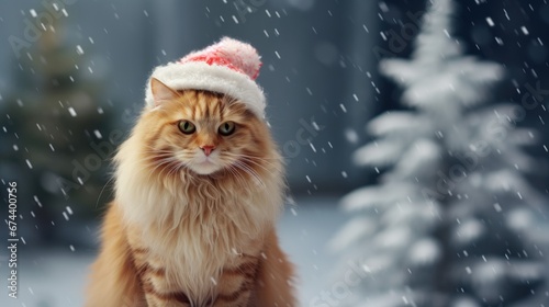 Fluffy cat with a Christmas hat in a winter landscape with a Christmas tree. Copy space © Lubos Chlubny