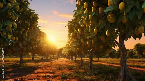 A soursop orchard during a golden sunset, with rows of trees and hanging fruits. photo