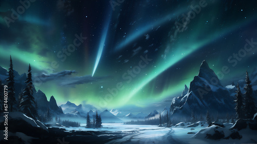 a scenic view in north pole at the night  aurora in the night sky  snow mountain  dramatic light and shadows 