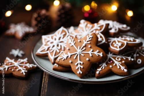 Christmas baked gingerbread cookies decorated with festive icing on desk. Holiday homemade sweets.