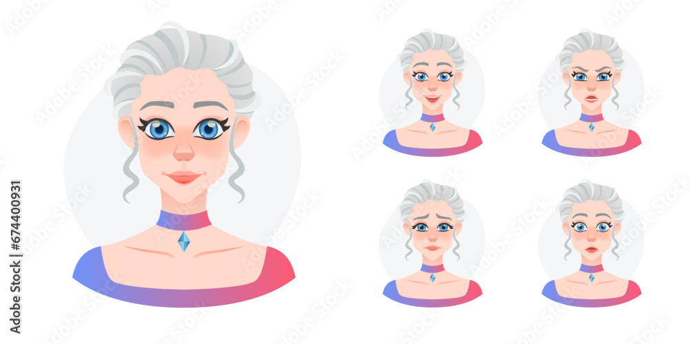 Cartoon young pretty girl avatar set. Beaulifull blue eyed doll with face expressions. Princess with crystal necklate and gray hairs Cartoon young pretty girl avatar set. Beaulifull blue eyed doll with face expressions. Princess with crystal necklate and gray hairs