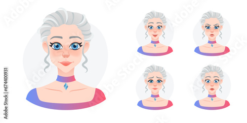 Cartoon young pretty girl avatar set. Beaulifull blue eyed doll with face expressions. Princess with crystal necklate and gray hairs photo