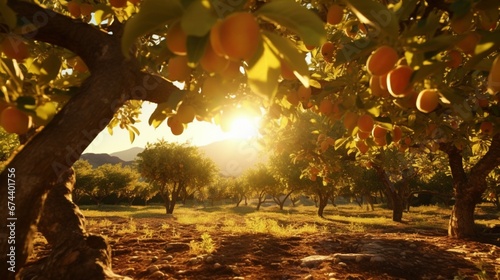 A Star Apple (Cainito) orchard at sunset, with the warm, golden light casting long shadows on the fruit-laden branches.
