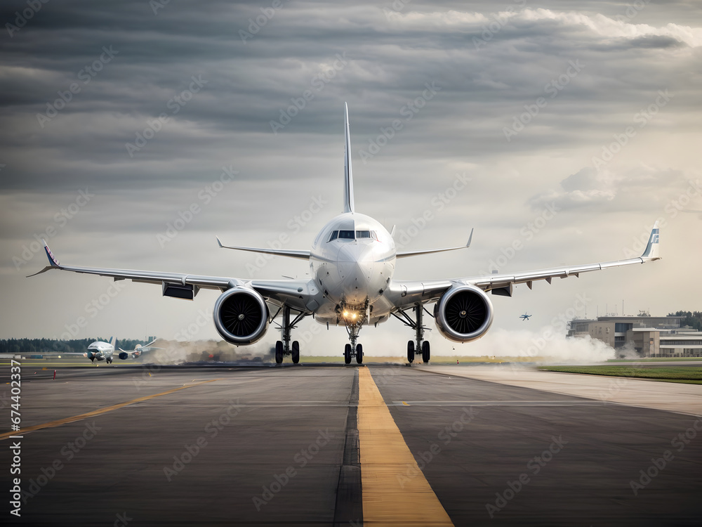 A scene of a plane landing