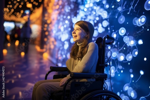 Photo of a girl in a wheelchair visiting an interactive science museum. Generative AI