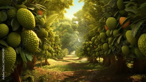 An orchard filled with Durian trees bearing loads of the prized fruits, set against a vibrant tropical backdrop.