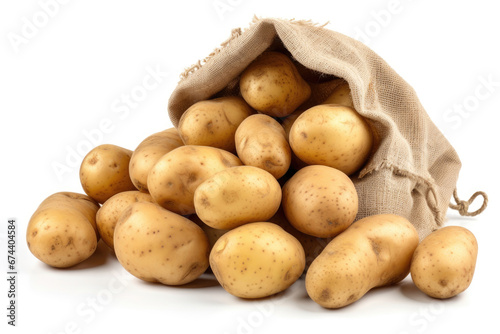 Open burlap bag of potatoes on white background