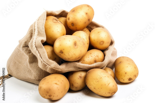 Open burlap bag of potatoes on white background