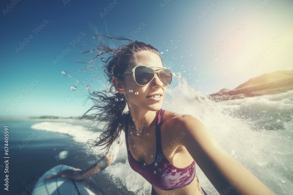 Female surfer fun. Summer nature bikini sea active. Generate Ai