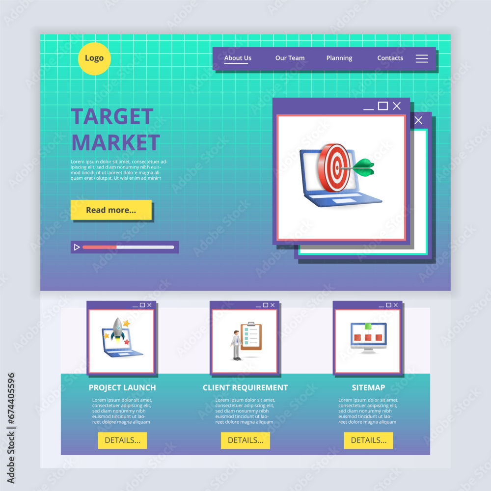 Target market flat landing page website template. Project launch, client requirement, sitemap. Web banner with header, content and footer. Vector illustration.