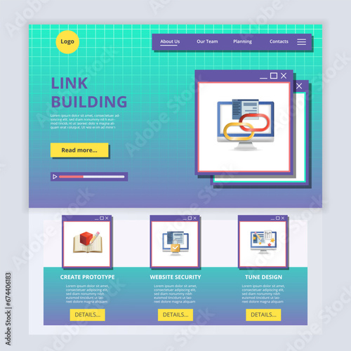 Link building flat landing page website template. Create prototype, website security, tune design. Web banner with header, content and footer. Vector illustration.