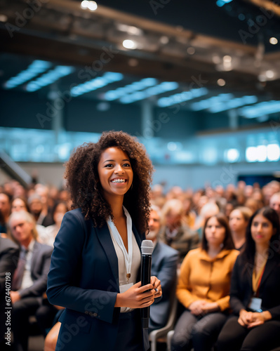 Wallpaper Mural Female keynote speaker or influencer holding a motivational presentation to a live audience. Concept of speaking in front of people, perhaps as a leader or presenter. Shallow field of view. Torontodigital.ca