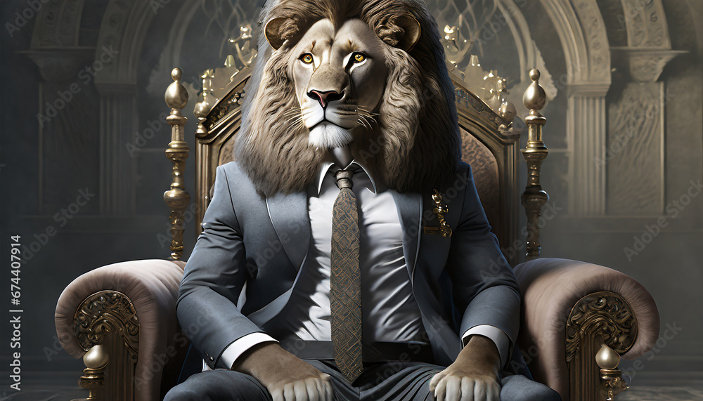 Fototapeta premium Lion dressed as a king sitting on a throne wearing a suit and tie looking away fantasy