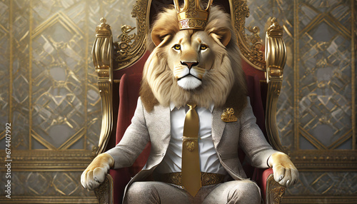Lion dressed as a king sitting on a throne wearing a suit and tie looking away fantasy