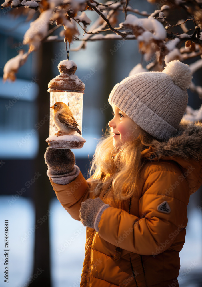 little girl in winter clothes hangs a bird feeder on a tree on a snowy day, Christmas, New Year, child, kid, childhood, postcard, animal care, emotional portrait, hat, light, smile, toddler, wood little girl in winter clothes hangs a bird feeder on a tree on a snowy day, Christmas, New Year, child, kid, childhood, postcard, animal care, emotional portrait, hat, light, smile, toddler, wood