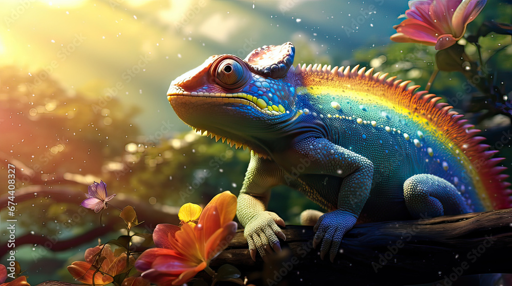 A peaceful moment of a chameleon basking under a radiant, fantastical rainbow Ai Generative
A peaceful moment of a chameleon basking under a radiant, fantastical rainbow Ai Generative