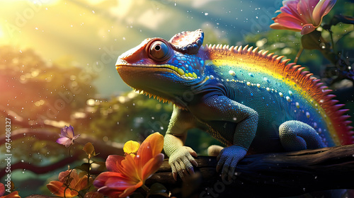 A peaceful moment of a chameleon basking under a radiant  fantastical rainbow  Ai Generative  