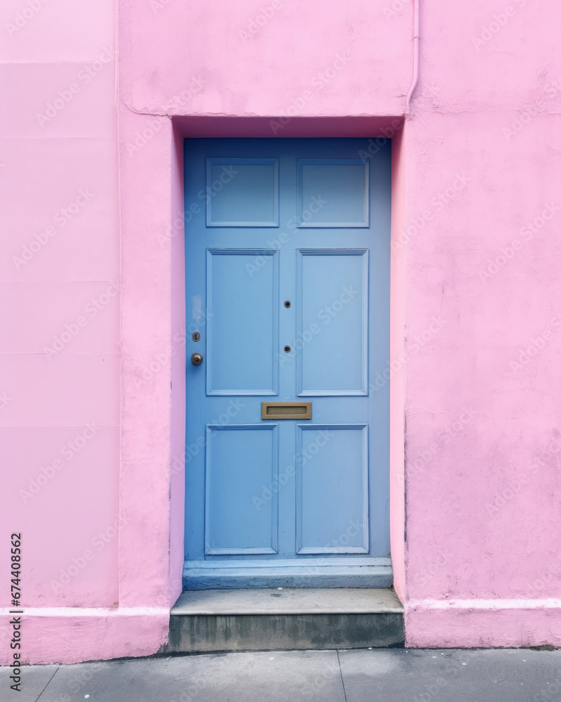 A blue door on a pink wall. Pastel colors aesthetic,. Romantic monomal photography.